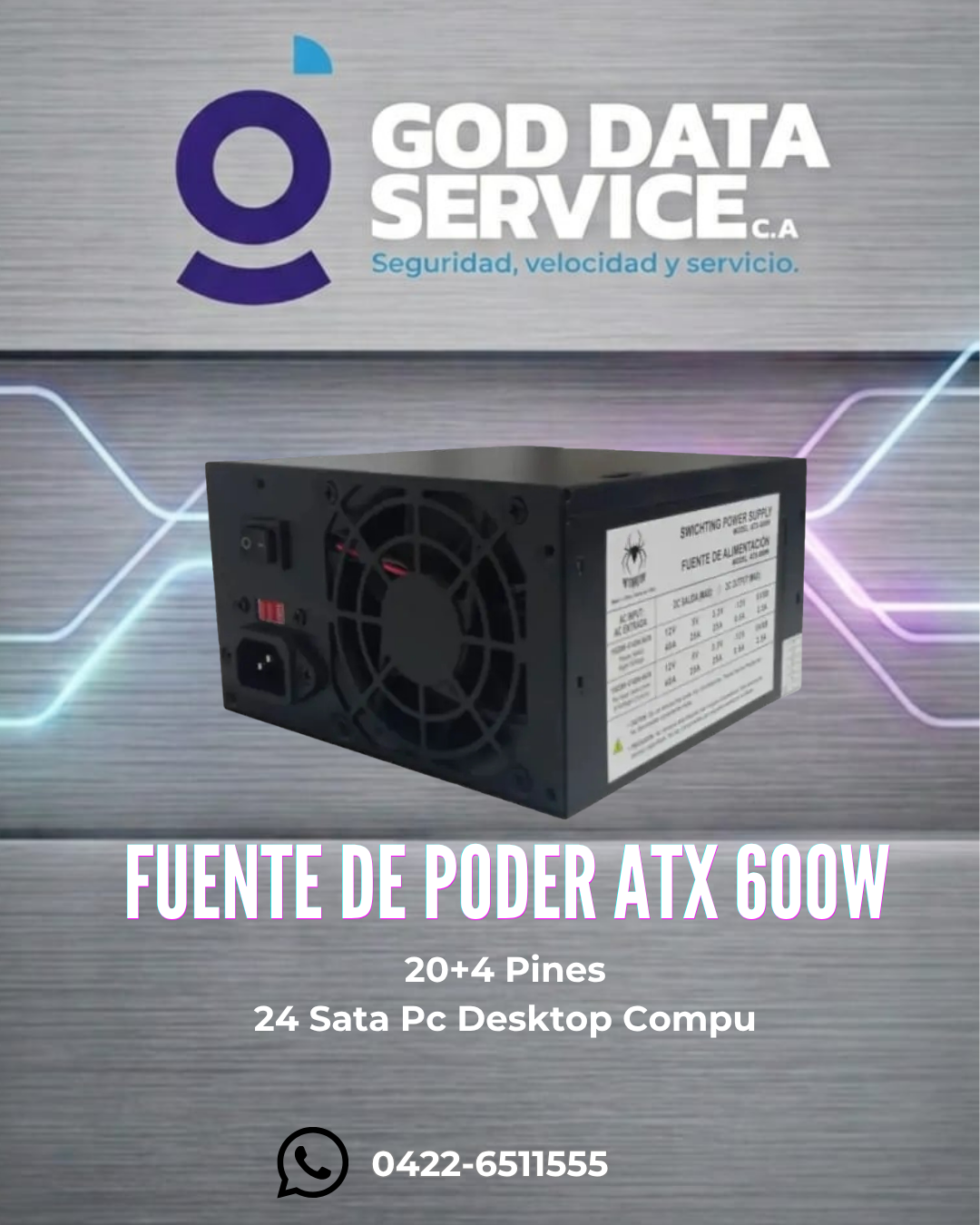 Fuente de poder ATX 600 W para PC de escritorio, 20+4 pines