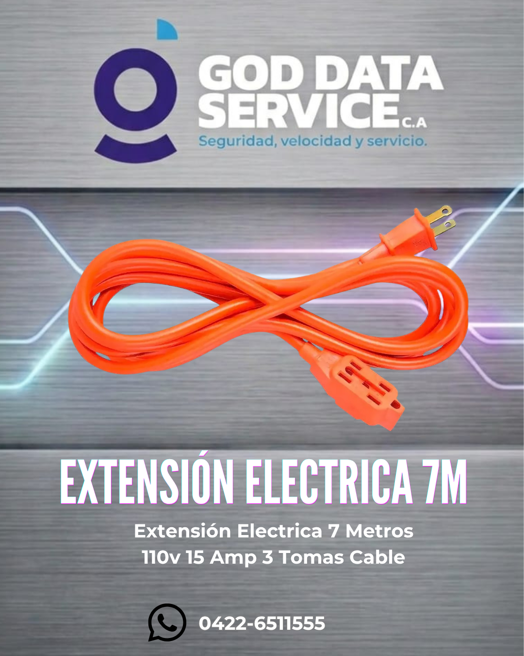 Extensión eléctrica de 7 metros con 3 tomas, naranja