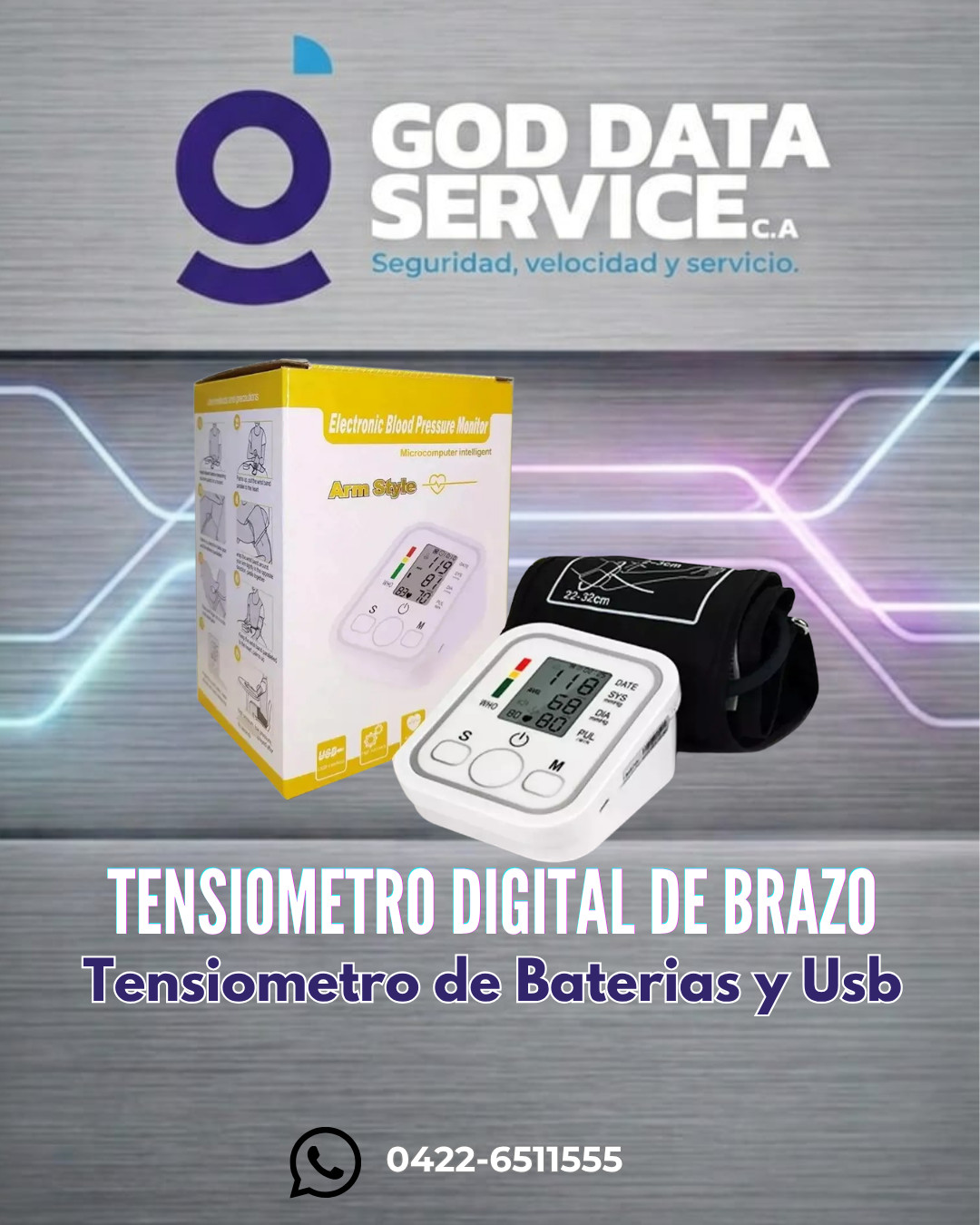 Tensiómetro digital de brazo con alimentación por baterías y USB