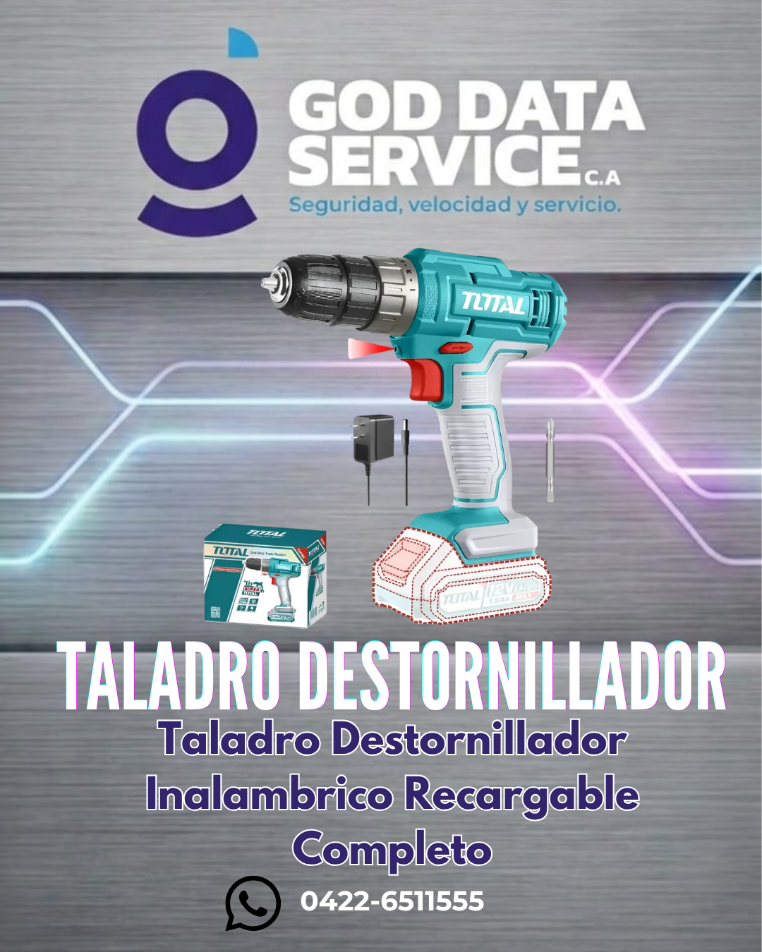 Taladro destornillador inalámbrico TOTAL 12 V con batería y cargador